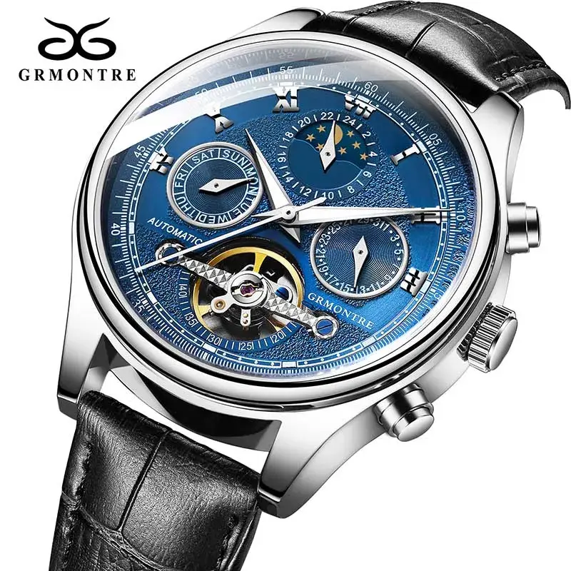 Thumbnail: Men's Skeleton Tourbillon Automatic Rose Gold Leather Mechanical Watch