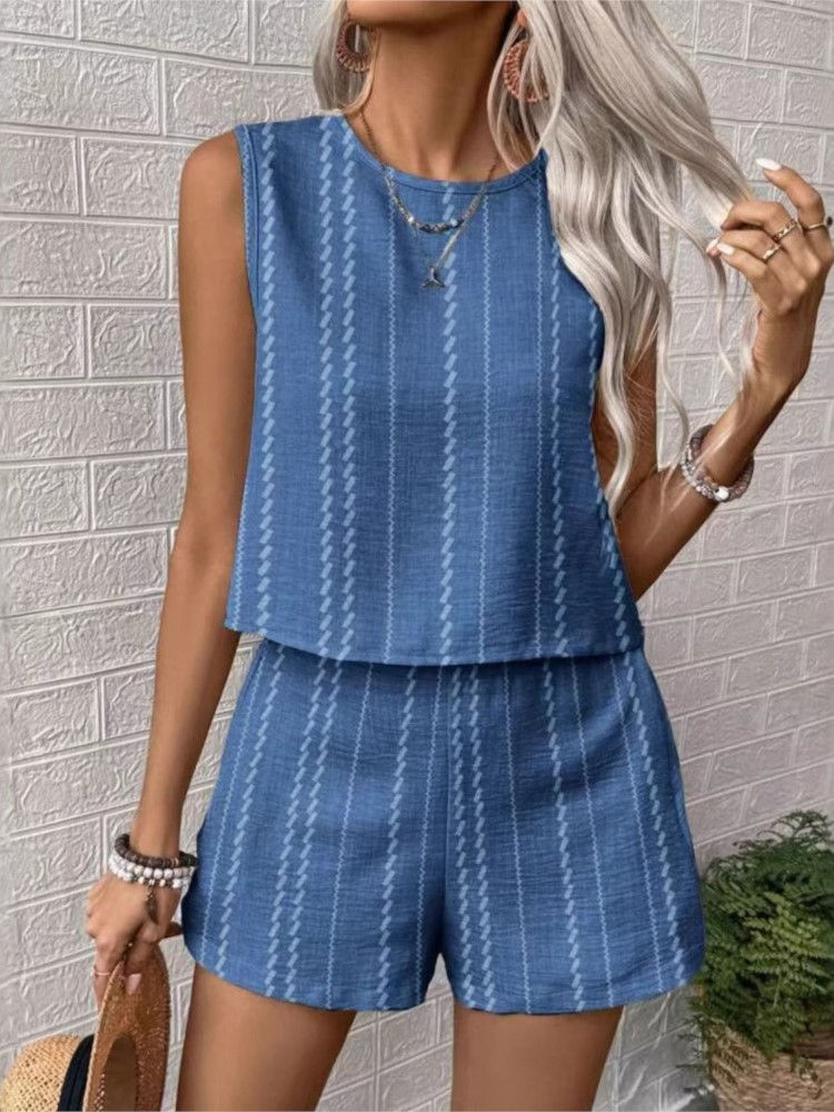 Thumbnail: Striped Two-Piece Set – Sleeveless O-Neck Top & High-Waist Shorts