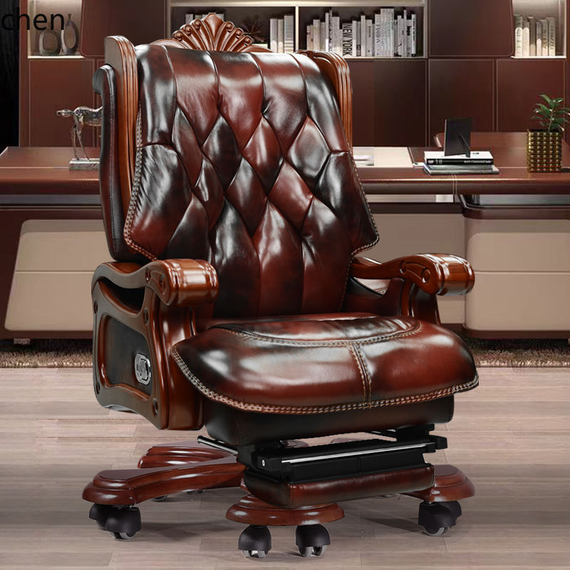 Thumbnail: High-End Leather Office Chair – Carved Reclining Computer Chair with Solid Wood