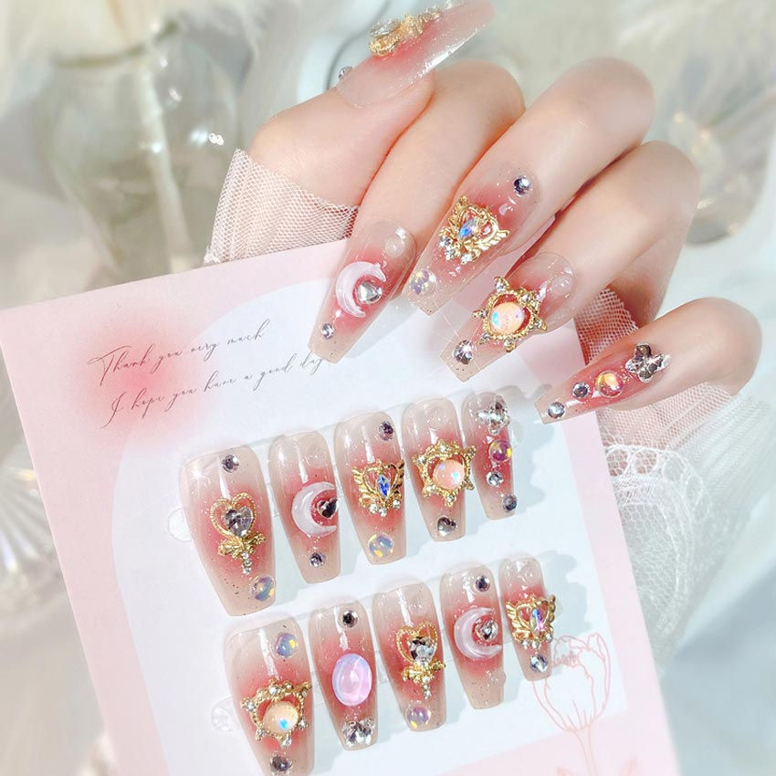 Thumbnail: 24pcs Luxury Pink Long Coffin Press On Nails with Moon Star Rhinestones