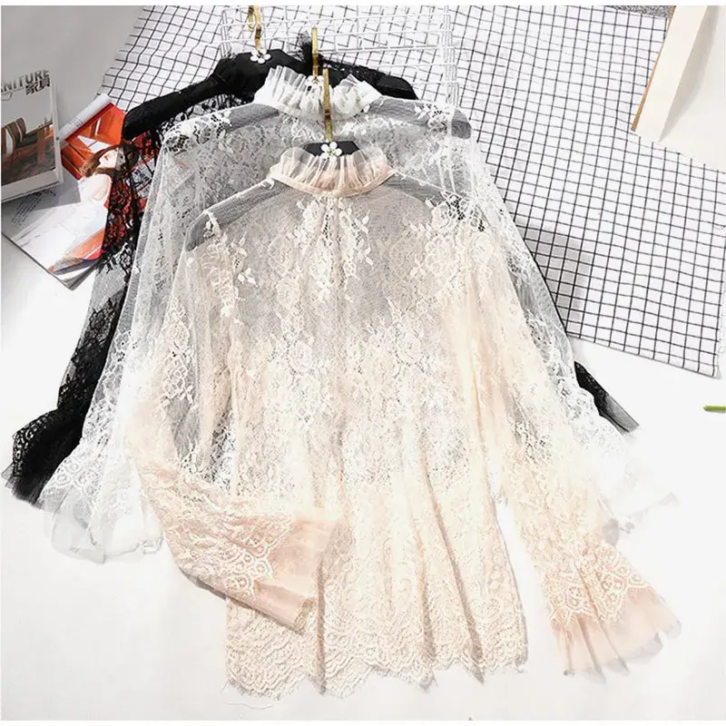 Lace Ruffled Sheer Crochet Long Sleeve Blouse Women Sexy Black Transparent Top