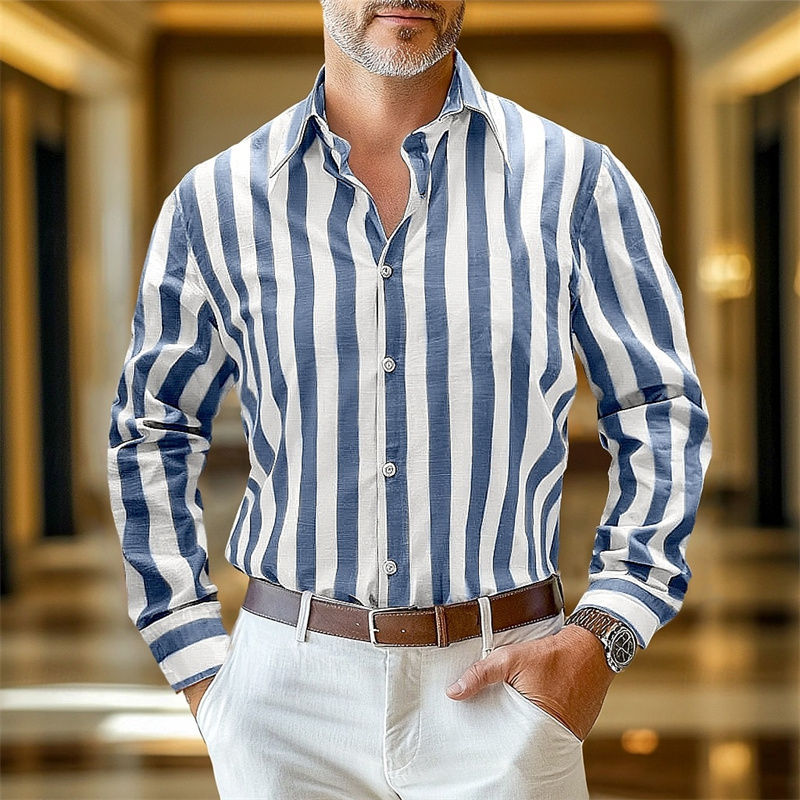Men's Striped Linen Shirt – Long Sleeve, Business Casual Summer Wear