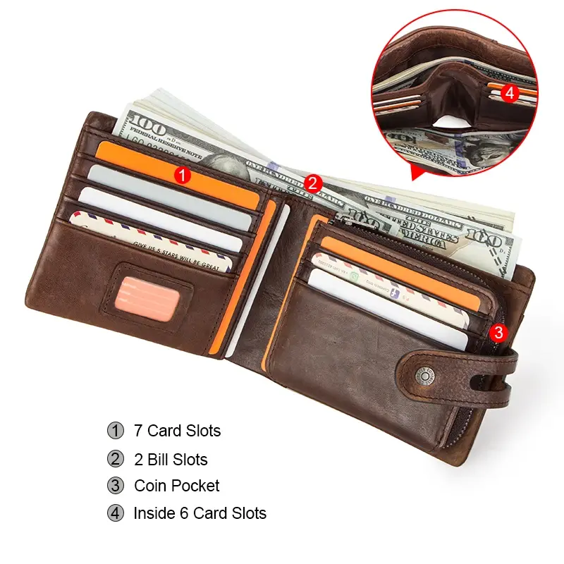 Thumbnail: Crazy Horse Leather Short Coin Purse Hasp Design Wallet