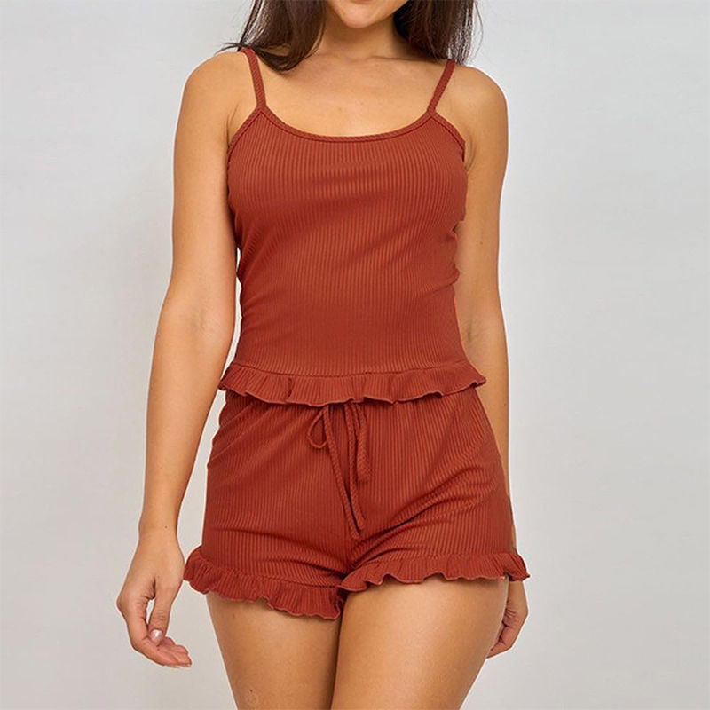 Thumbnail: Women’s Ribbed Knit Pajama Set – Spaghetti Strap Top & Shorts Summer Sleepwear