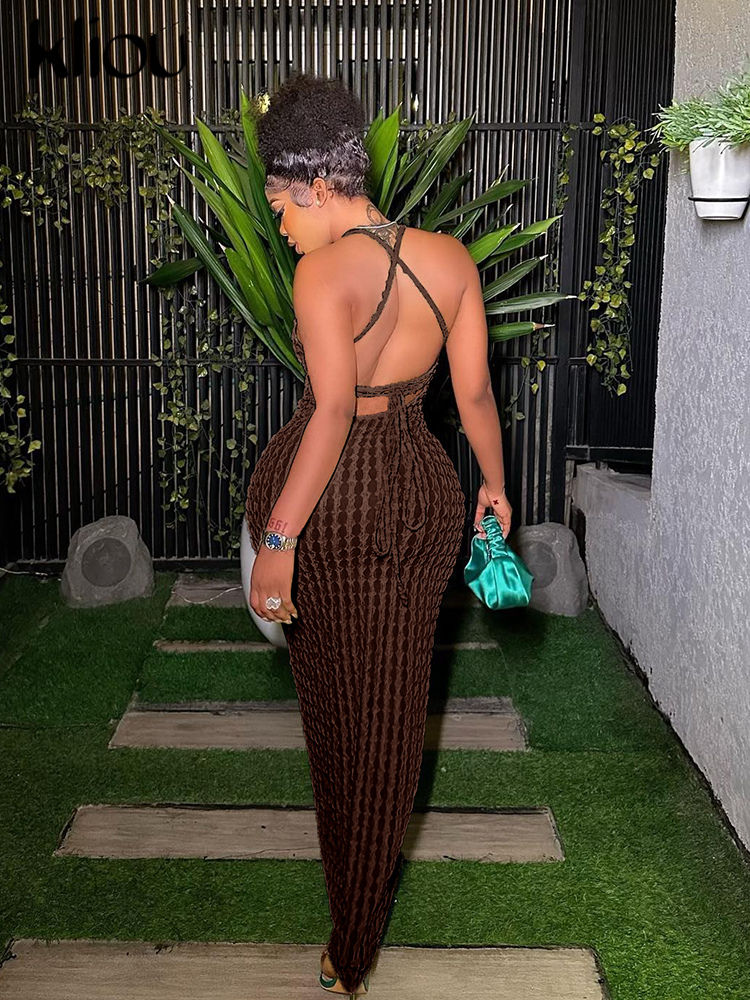 Thumbnail: Solid Ruched Spaghetti Strap Bandage Maxi Dress