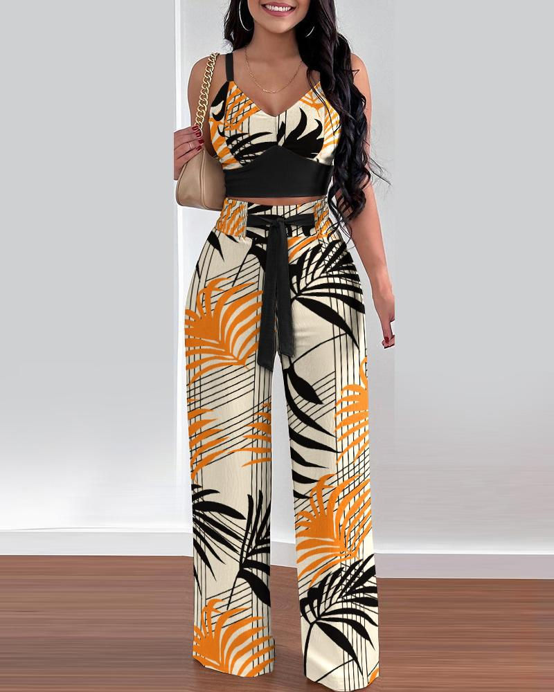 Thumbnail: Summer Printed Halter V-Neck Tank Top & Wide-Leg Pants Two-Piece Set
