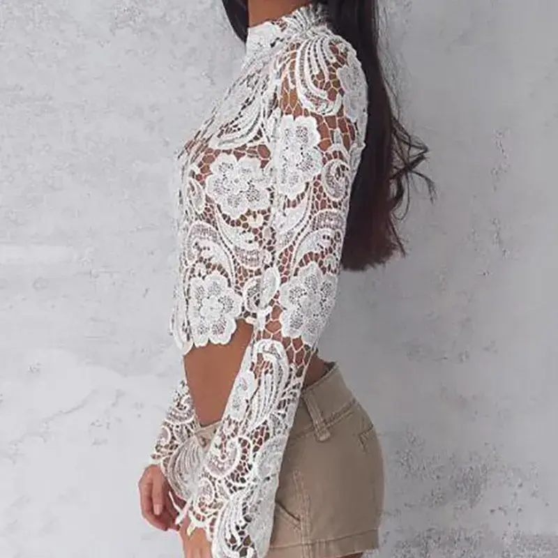 Thumbnail: White Lace Turtleneck Blouse Sheer Long Sleeve Elegant