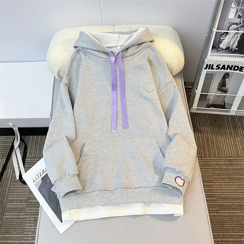 Thumbnail: Embroidered Sleeve Love Hoodie Loose Fit Lightweight Spring Autumn Sweatshirt