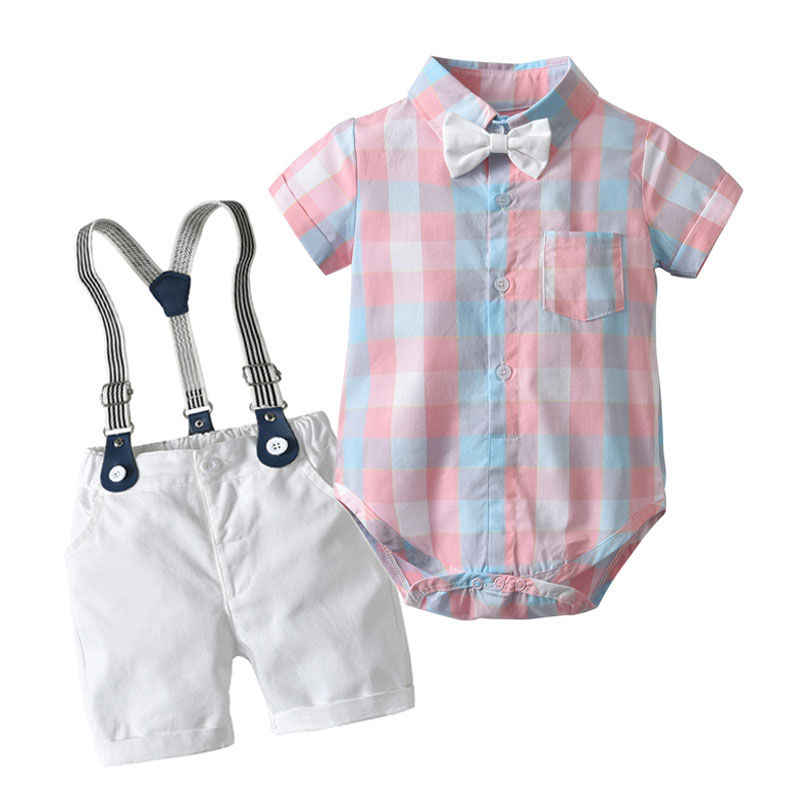 Thumbnail: Romper Clothes Set for Baby Boys with Bow & Hat – Striped Gentleman Summer Suit