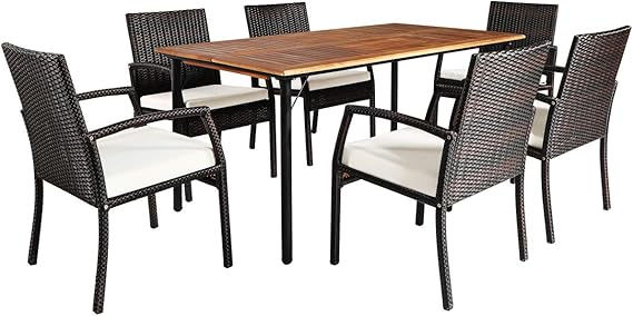 7-Piece Patio Dining Set – Acacia Wood Wicker Furniture with Sturdy Table