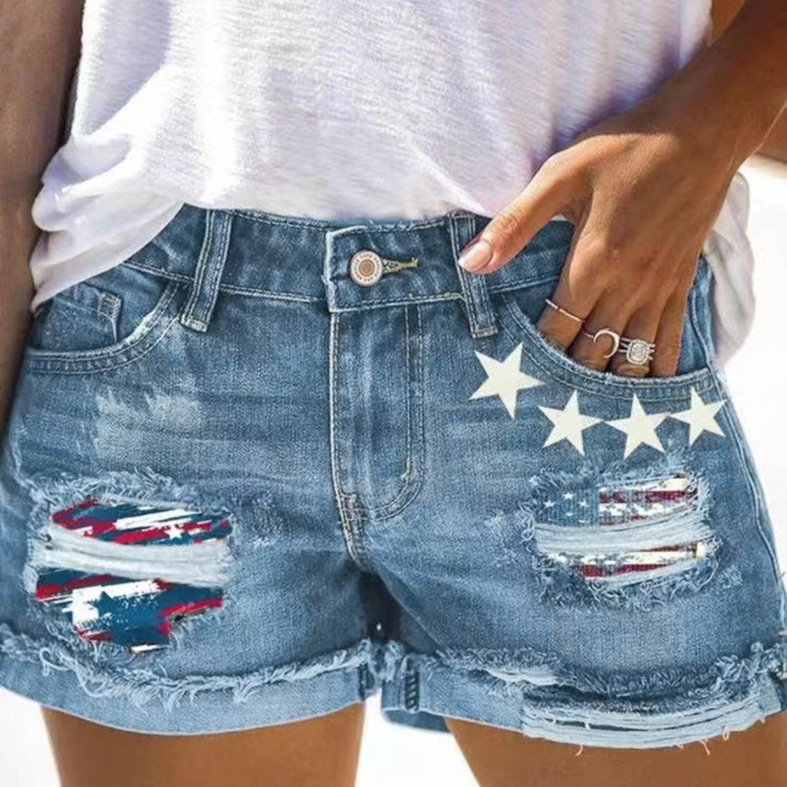 Distressed Flag Print Jean Shorts – High Stretch, Low Waist