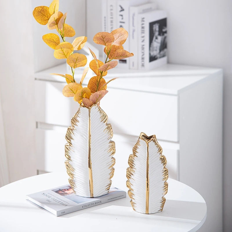 Thumbnail: 2Pcs/Nordic black gold plating leaf ceramic vase
