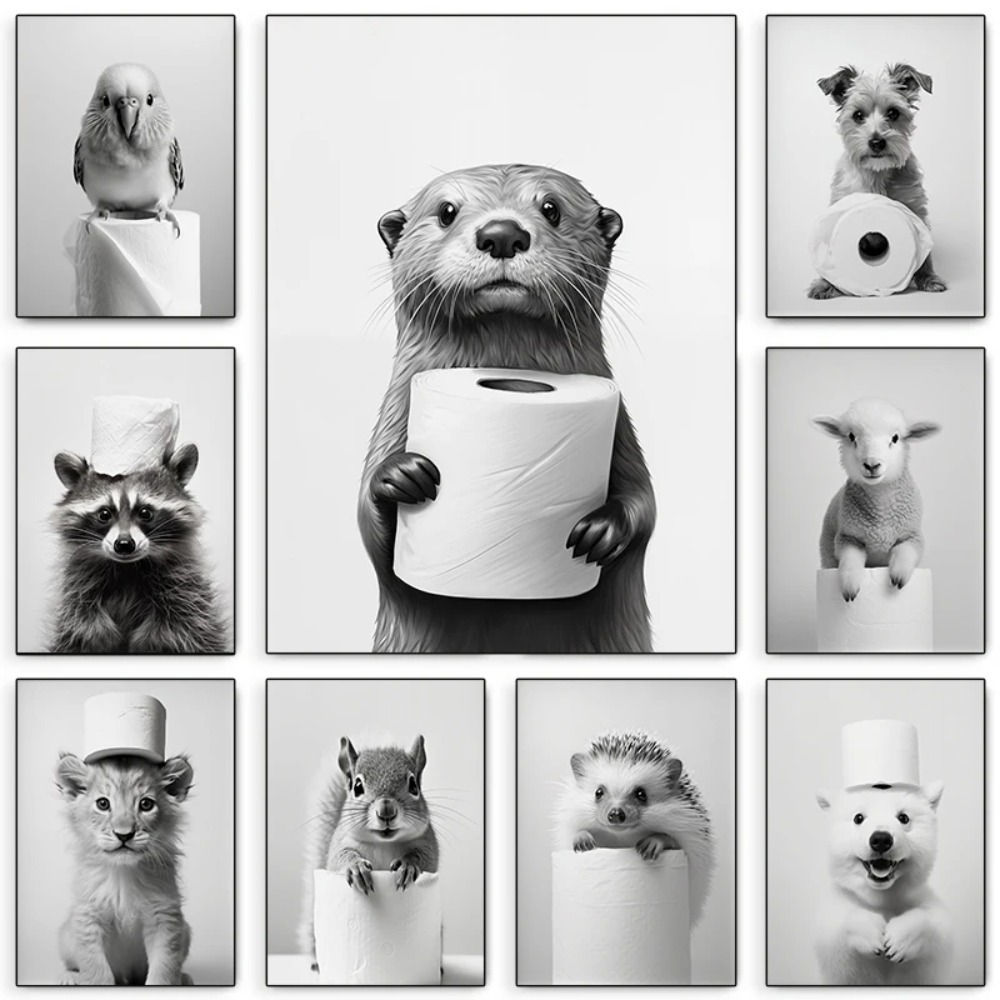 Black and White Cute Animal and Toilet Paper Poster Lion Owl Cat Dog Canvas Pain