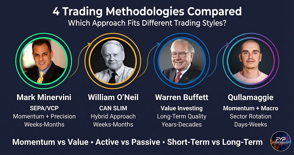 Four distinct trading methodologies compared: Mark Minervini's SEPA framework emphasises VCP patterns and precise technical timing for weeks-to-months momentum trades with 7-8% stops and 50-60% win rates. William O'Neil's CAN SLIM balances fundamental and technical growth criteria, combining earnings acceleration with chart patterns. Warren Buffett's value investing focuses on business quality and intrinsic value with years-to-decades holding periods, buying weakness rather than strength. Qullamaggie's modern momentum approach adds macro-economic analysis and sector rotation emphasis with days-to-weeks holding periods. Each methodology serves different objectives—time commitment varies from minimal (Buffett) to intensive (Qullamaggie), risk tolerance differs from conservative (value) to aggressive (momentum), and personality fit ranges from patient contrarian (Buffett) to systematic rule-follower (Minervini/O'Neil) to opportunistic active trader (Qullamaggie)