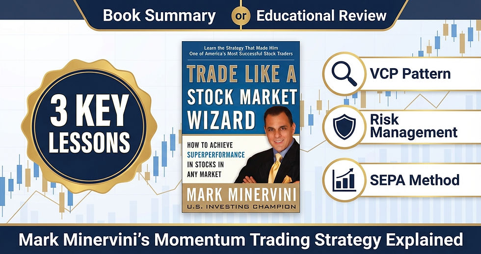 Mark Minervini's Trade Like a Stock Market Wizard distills decades of momentum trading expertise into three core lessons: VCP pattern recognition for institutional accumulation signals, risk management principles that prioritise 7-8% stop-losses over win rates, and SEPA methodology combining technical timing with fundamental catalysts. These systematic approaches helped Minervini achieve 220% average annual returns and win the U.S. Investing Championship.