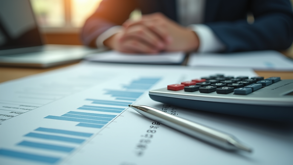 Eye-level view of a calculator and financial documents on a desk