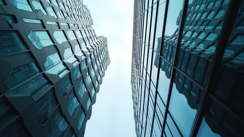 Eye-level view of a modern office building representing business equity