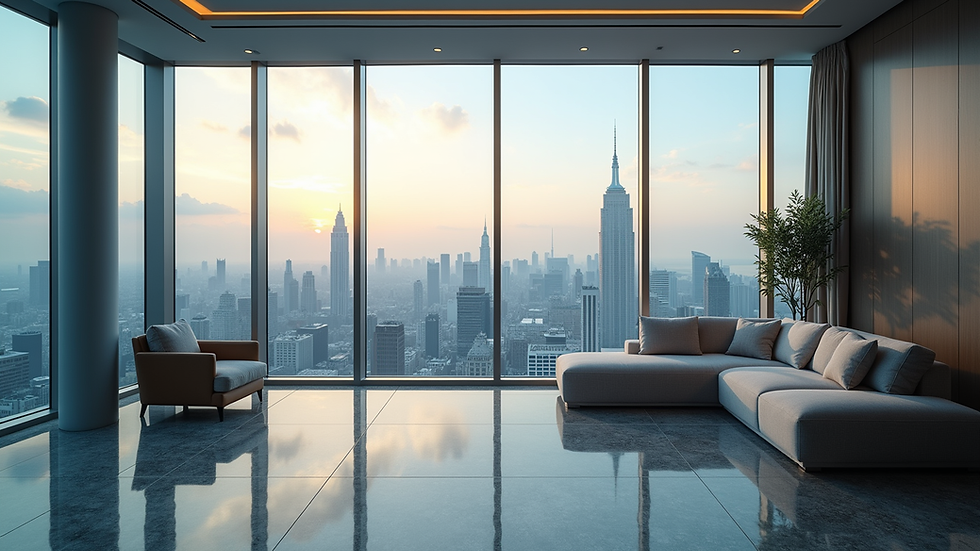 High angle view of a luxury office with a city skyline in the background