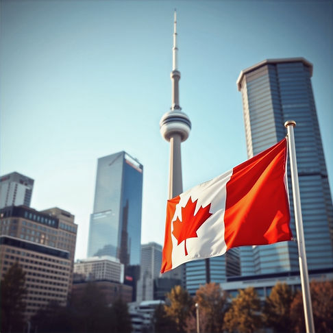 Hyper realistic Toronto Iconic buildings with a juxtapose Canada flag in the forfront of t