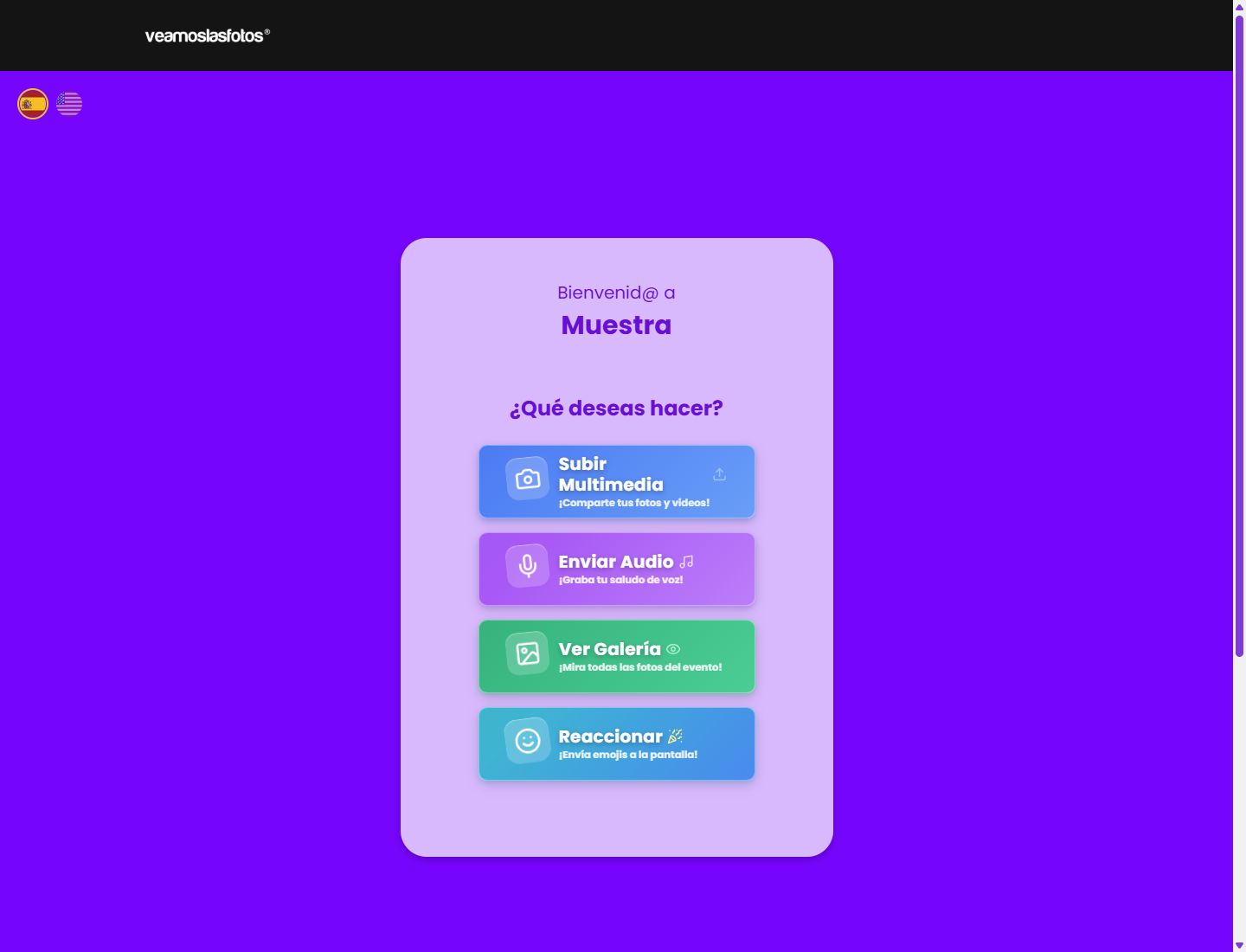 El menú del evento de muestra reúne los accesos a multimedia, audio, galería y reacciones.