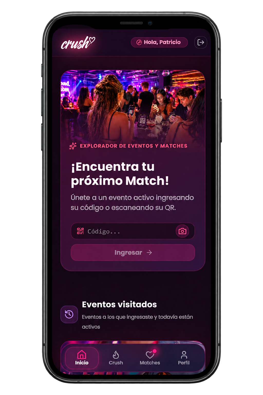 Inicio de Crush en una simulación móvil con el logo, el ingreso por código y la navegación a matches