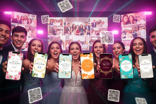 Invitados compartiendo fotos y videos en vivo con códigos QR y proyección en pantallas durante un evento con veamoslasfotos.app®.