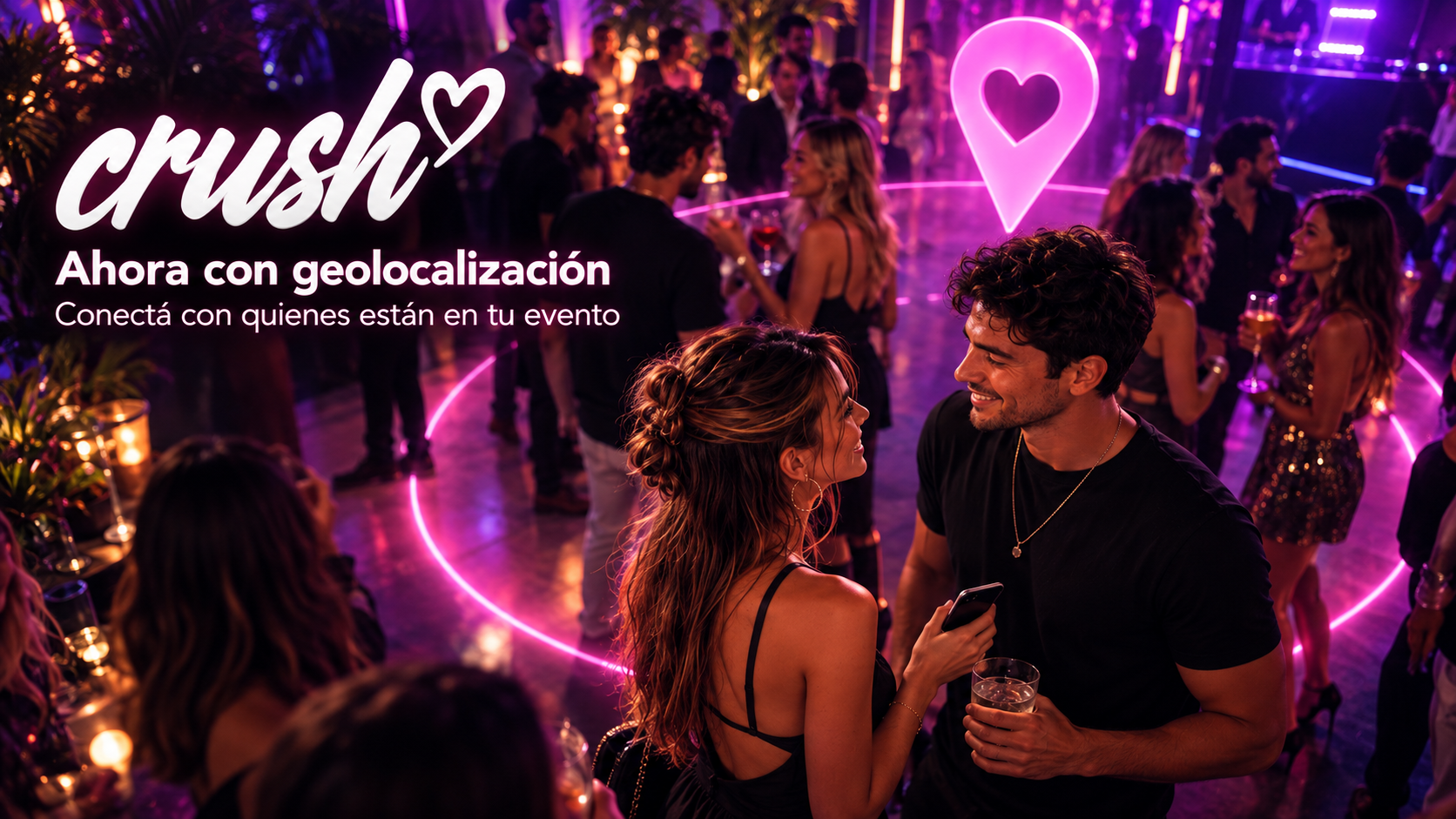 Crush con geolocalización: una pareja conversa en una fiesta dentro del área del evento