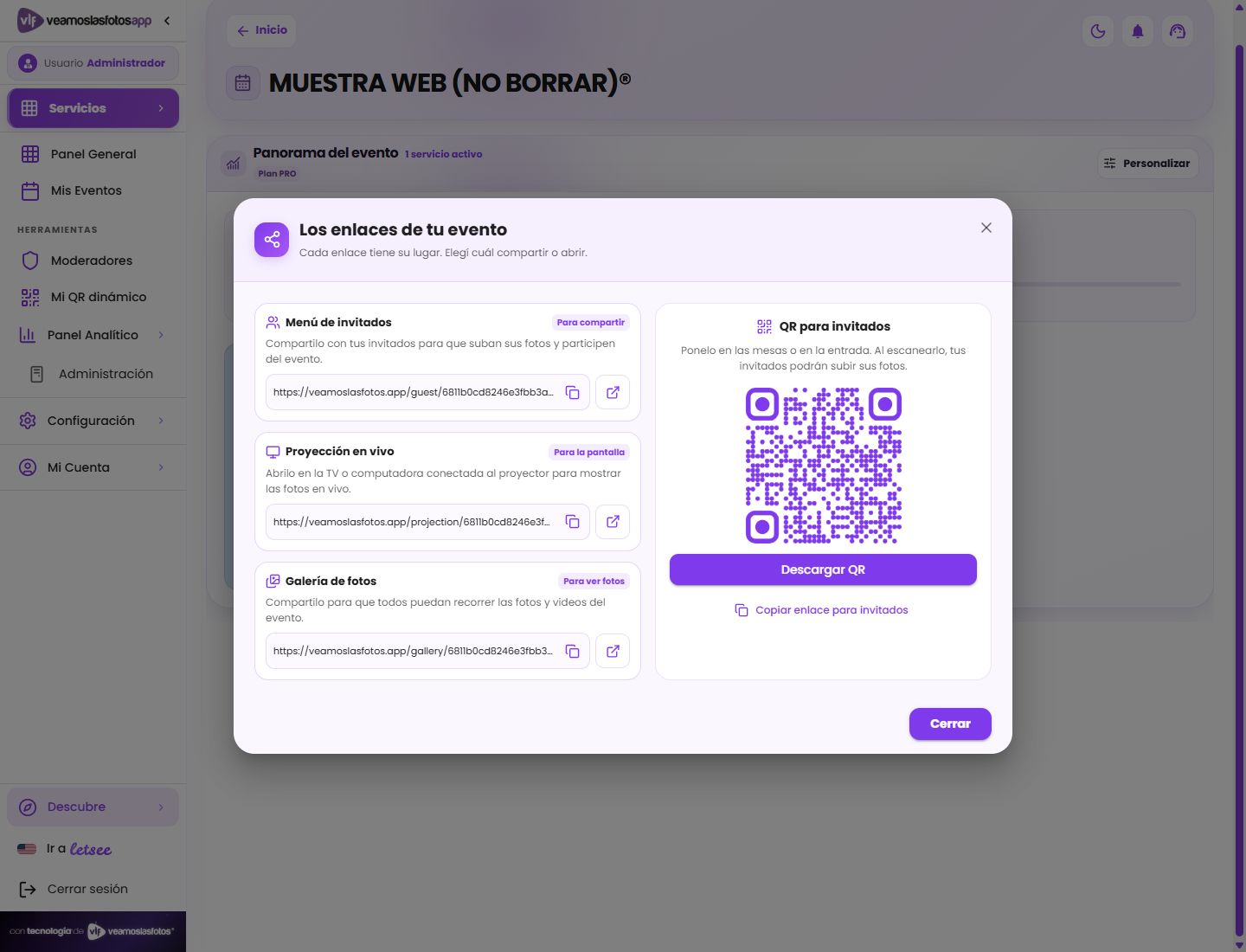 Enlaces y QR del evento de muestra de VeamosLasFotos.app