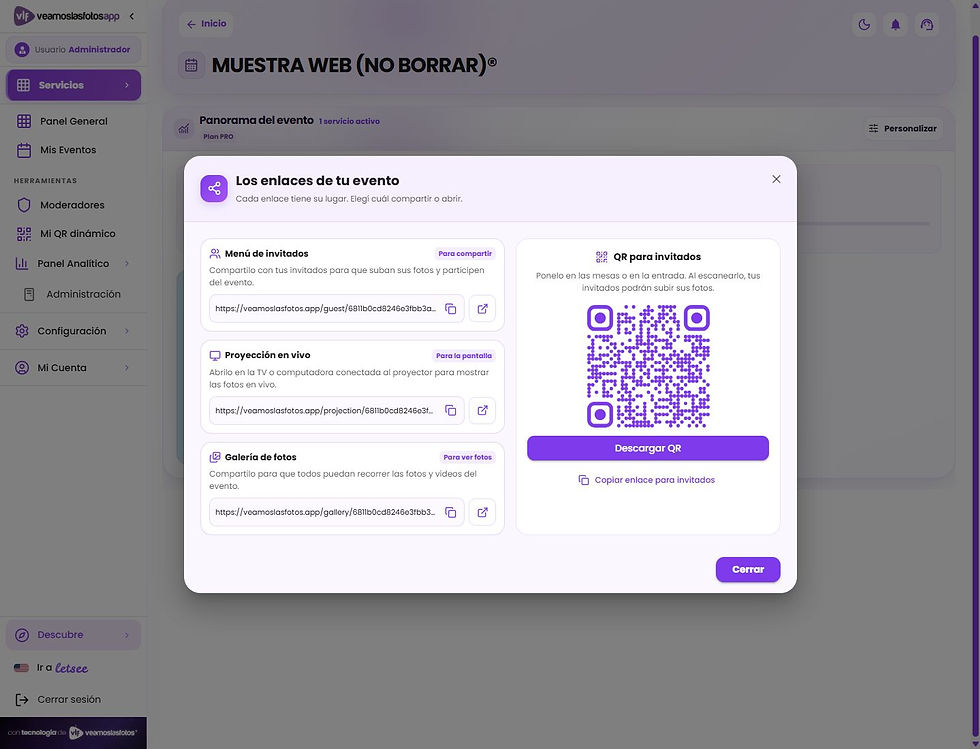 Enlaces y QR del evento de muestra de VeamosLasFotos.app
