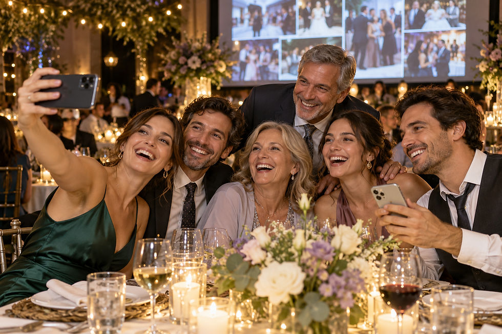 Invitados compartiendo una selfie durante una fiesta.