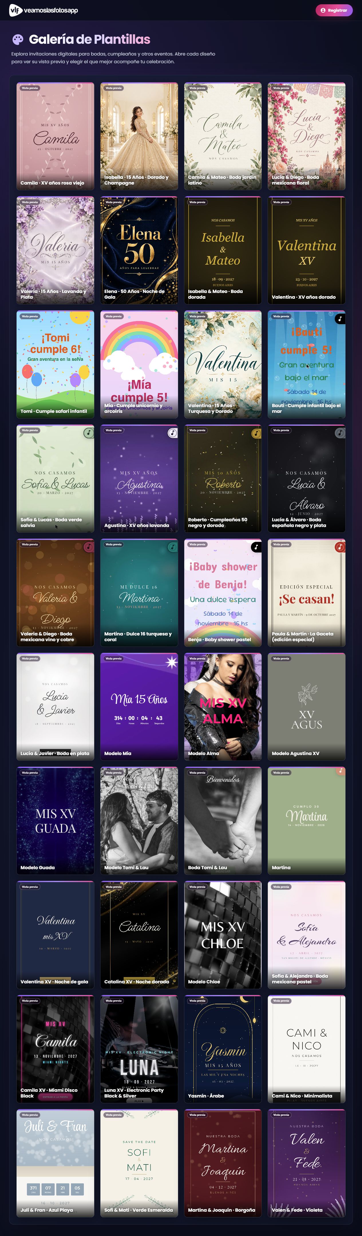Galería de plantillas de invitaciones digitales para bodas, fiestas de 15 y cumpleaños en veamoslasfotos.app.