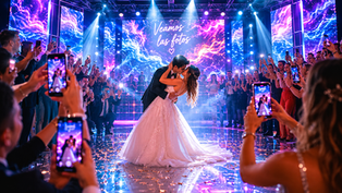 Invitados de boda capturan el romántico momento de los novios bajo un deslumbrante juego de luces.