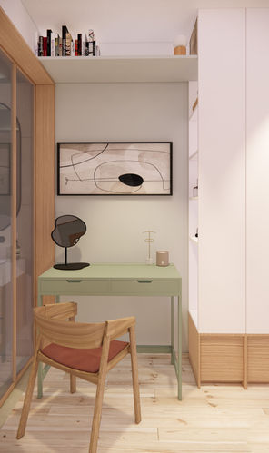 white and oak veneer wardrobe. muuto cover armchair. vanity next to wardrobe. bathroom in the bedroom with glass wall and door.