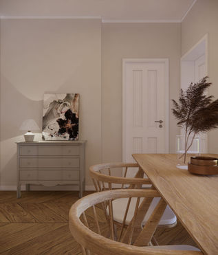 oak dining table with Sibast No 8 dining chair. beige interior. beige aesthetics. moulded interior doors in white. Soft Grey Painted 3 Drawer Low Bedroom old french dresser