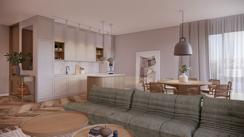 livingroom with kitchen and diningroom. green sofa and beige aesthetics