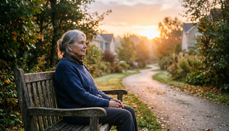 Eye-level view of a person sitting alone on a quiet bench at sunrise.
