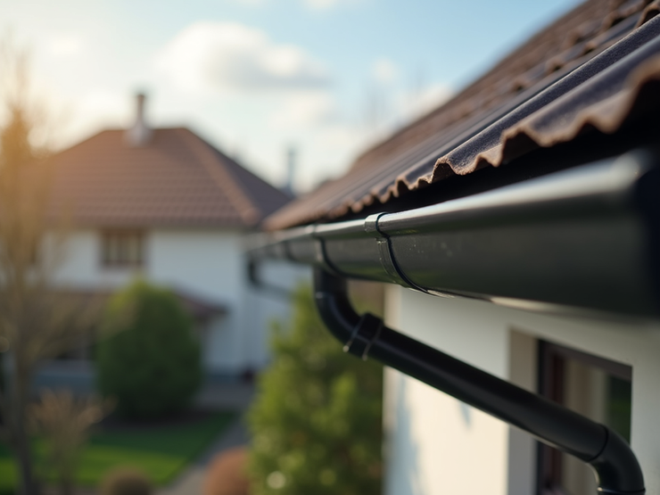 Clean residential metal roof and gutter system on a sunny day.