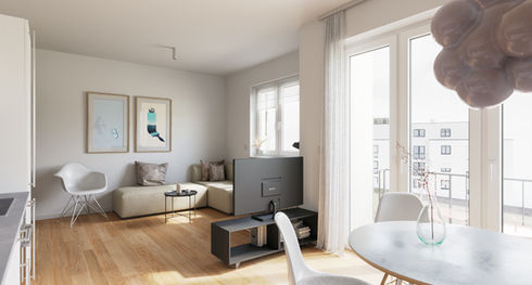Wohnzimmer Rendering des Neubauprojektes „Wohnen an den Mühlenstücken"