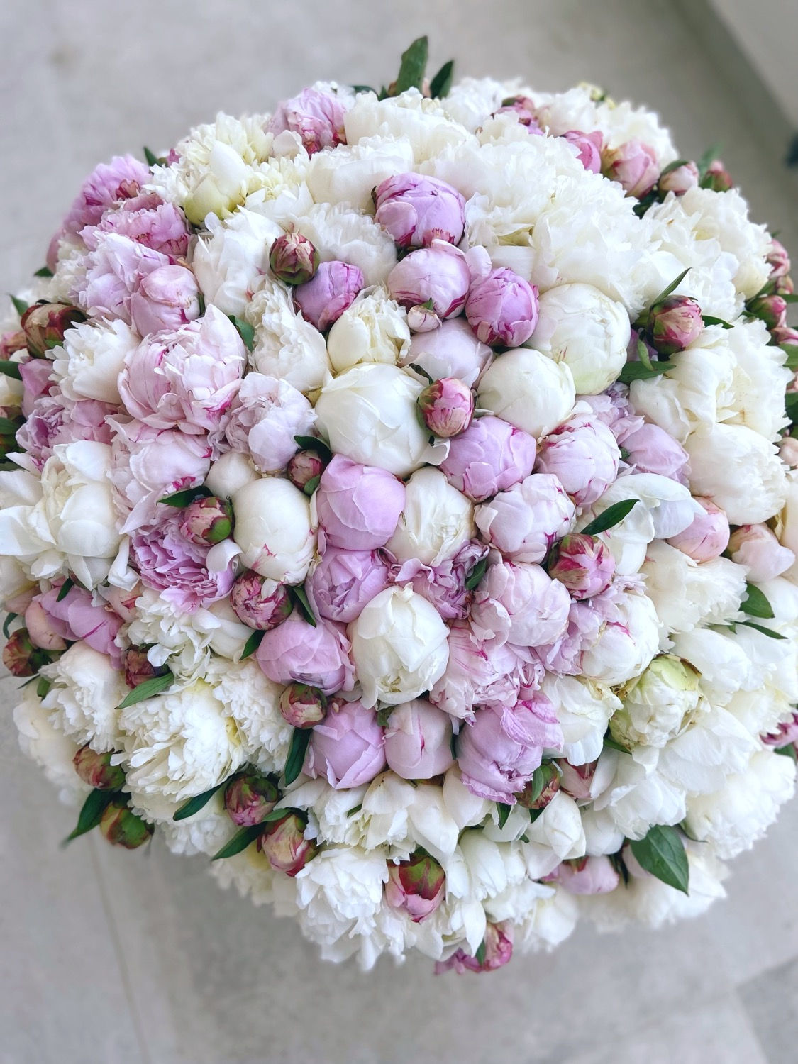 200 peonies in glass vase