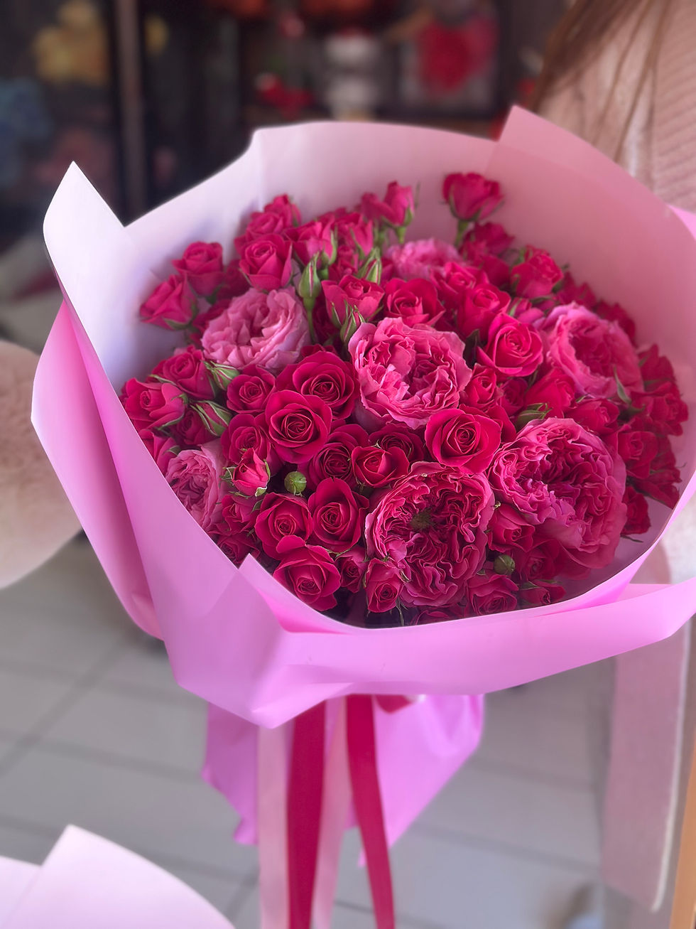 Thumbnail: Fuchsia spray & garden roses 