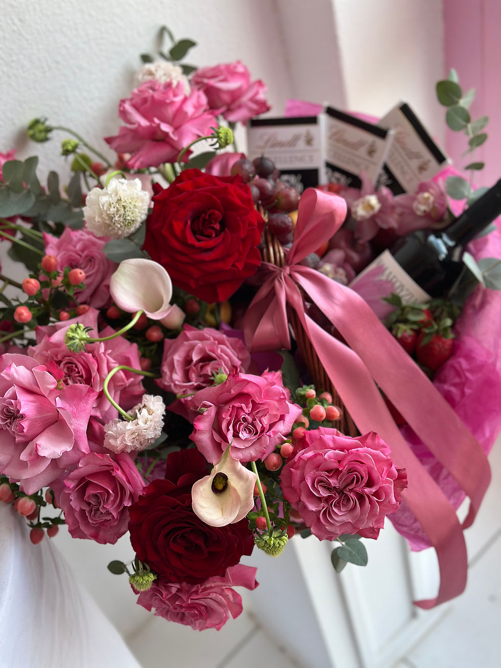 Thumbnail: Giant gift box with fruits, chocolate, wine and flowers