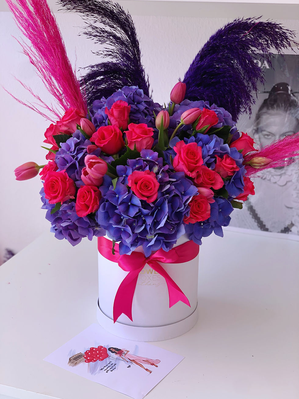 Colorful bouquet with pampas and blue hydrangeas 