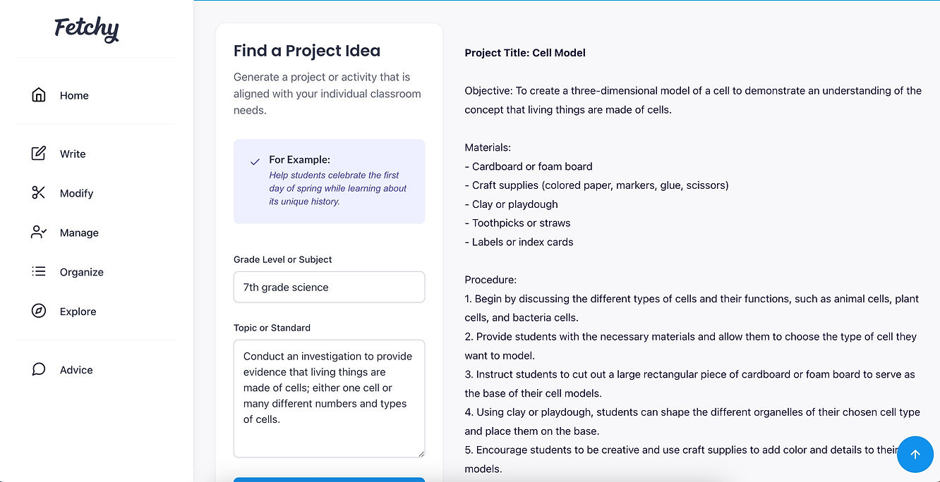 An example of a project idea generation in Fetchy, an AI tool for teachers.