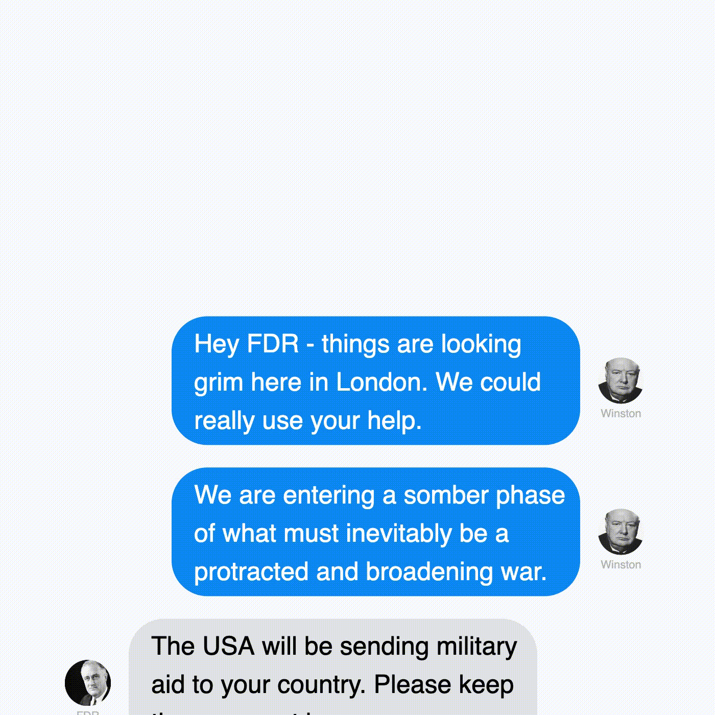 Engaging teaching idea: Example text conversation between Winston Churchill and FDR.