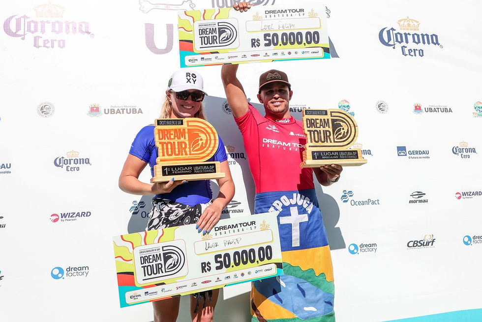 Os campeões: Laura Raupp (SC) e Luel Felipe (PE). Foto: Daniel Smorigo / CBSurf.