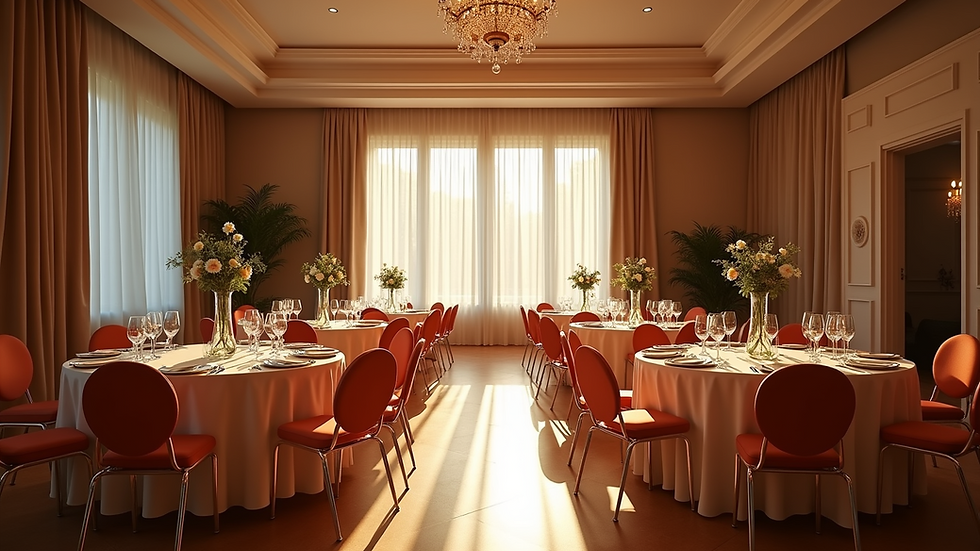 Eye-level view of a decorated event venue with tables and chairs arranged neatly