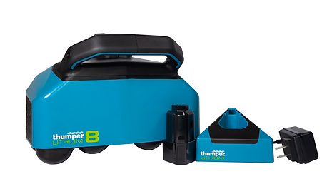 Thumper Massage Lithium 8 device shown with accessories for deep tissue therapy.