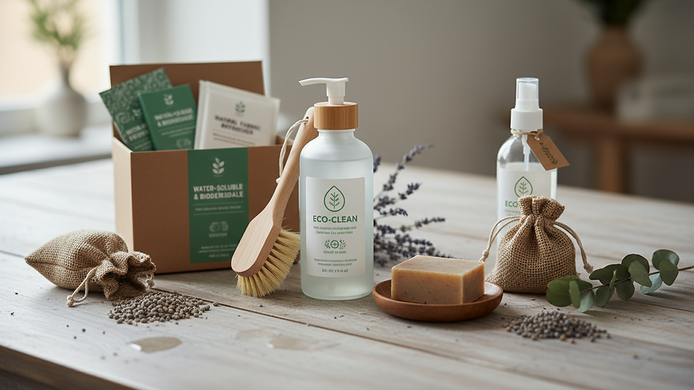 Close-up view of eco-friendly carpet cleaning products arranged on a wooden table