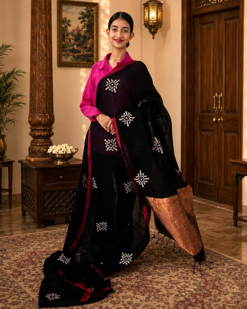 Thumbnail: Kollam Dot Art - Hand-Painted Linen Cotton Saree with Blouse Piece