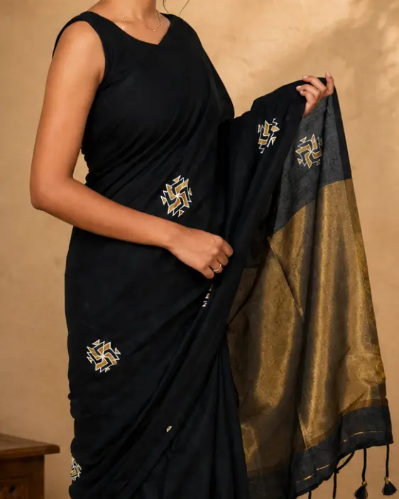 Thumbnail: Black Fine Soft Cotton Saree with Zari Border & Kollam Dot Art